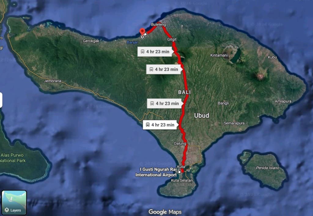 Map showing the recommended national-road route to Bhumi Lovina Residence via Gitgit Waterfall