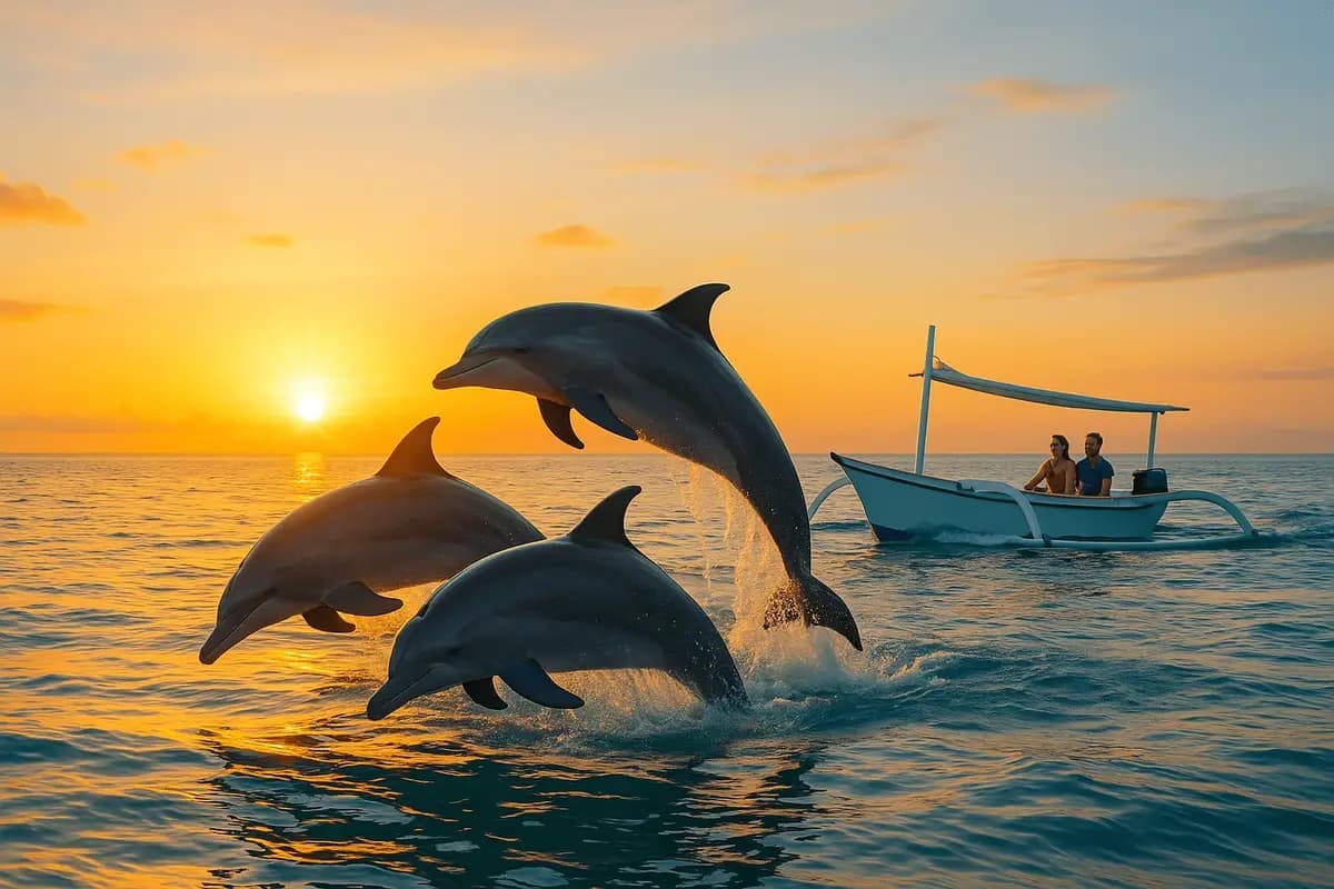 Wild dolphins at sunrise off Lovina beach, North Bali