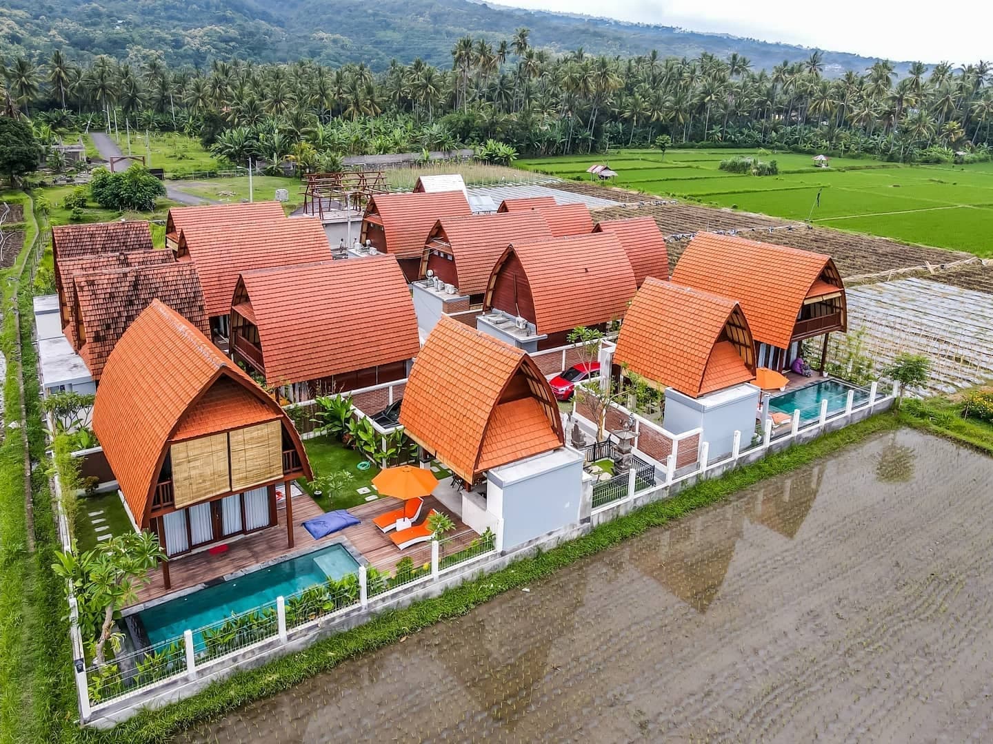 Aerial view of Bhumi Lovina Residence & Villa — private pool villas among rice terraces in Lovina, North Bali